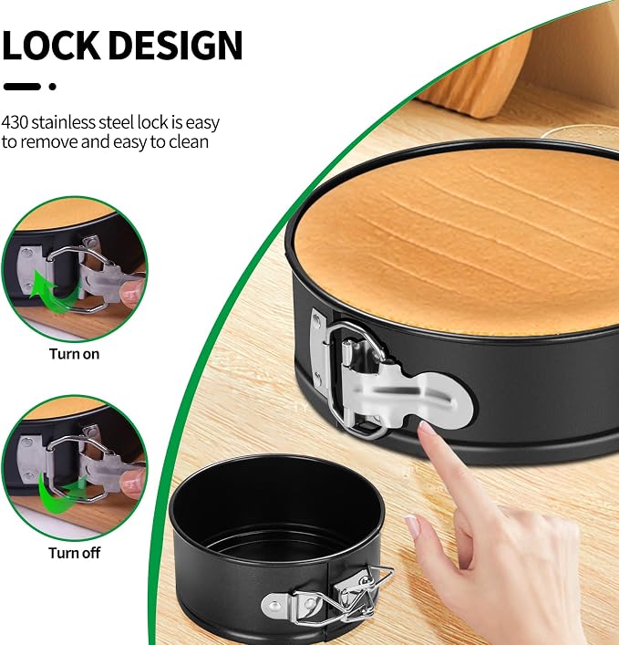 Springform Cheesecake Pan Set, 4/7/9 Inch, Removable Bottoms | 3 nonstick carbon steel pans with spring locks, removable bottoms, 50 liners, silicone spatula and pastry brush for baking - Image 4