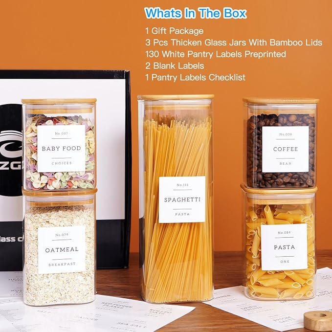 CZZGSM 5 Pack Square Glass Pantry Storage Containers with 132 Kitchen Food Pantry Labels - Clear Glass Jars with Airtight Wood Bamboo Lids - Glass Canisters for Cookies, Nuts, Cereal - Image 2