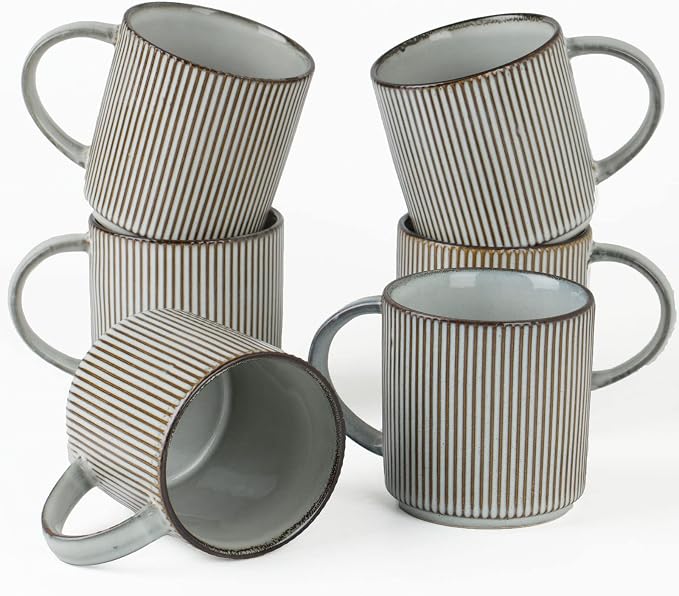 famiware Coffee Mug Set for 6, Star 12 oz Catering Mugs Cup Set with Handle for Coffee, Tea, Cocoa, Milk - Ceramic Stoneware Drinkware Set, Smoky Blue by Famiware