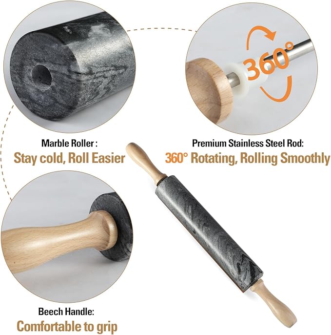 African Natural Marble Rolling Pin, Non-Stick Polished Dough Roller, Pasta, Dumpling, Fondant, Pie Crust, Bread, Pizza Dough, Kitchen Baking Pastry Tools with Mat/Scraper(Monte Grigio) - Image 5