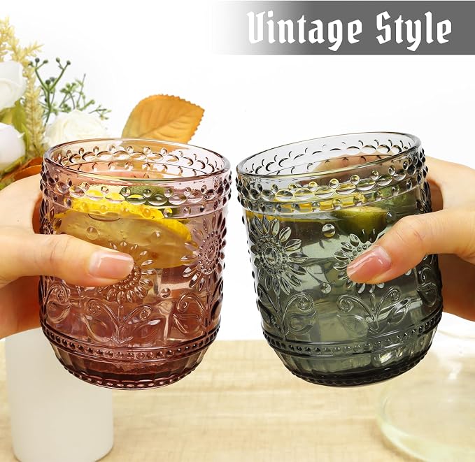 Topsky Vintage Drinking Glass Set of 4,12 oz Embossed Floral Drinkware Set,Gray Drinking Glasses Cups Wine Glasses Colored Glassware for Whisky,Beer,Juice,Cocktail,Heavy Duty - Image 2