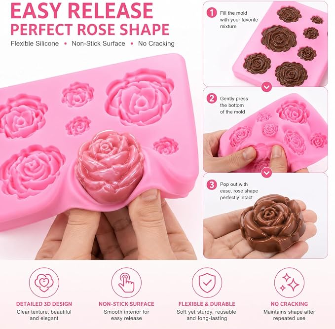 2 Pack Rose Flower Silicone Molds, Food Grade Non-Stick Molds for Cake Chocolate Mousse Jelly Fondant Sugarcraft Wedding Party Baking - Image 3