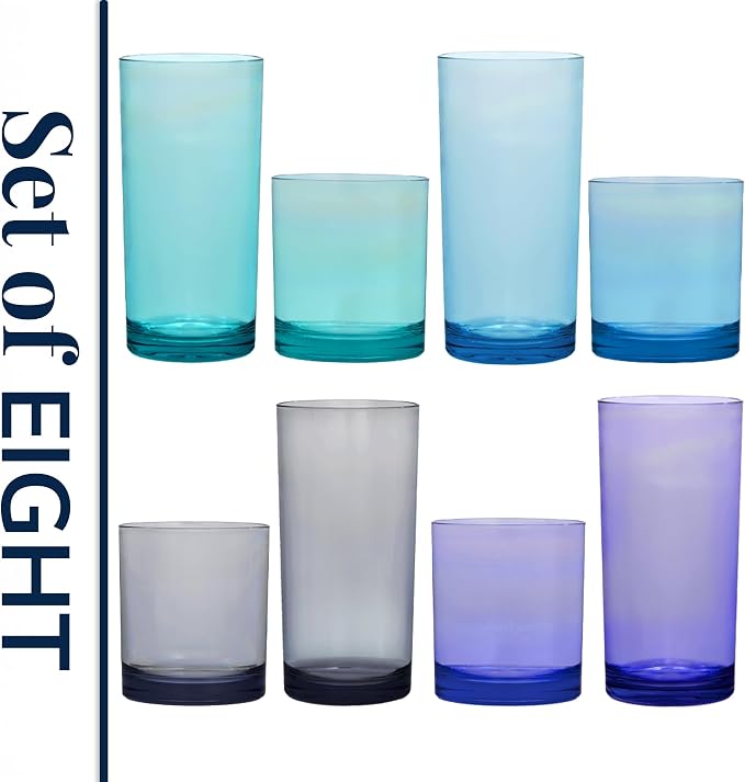 US Acrylic Classic Plastic Reusable Drinking Glasses (Set of 8) 12oz Rocks & 16oz Water Cups in Coastal Colors | BPA-Free Tumblers, Made in USA | Top-Rack Dishwasher Safe - Image 8