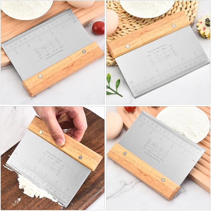 TIDTALEO 2pcs Stainless Steel and Wood Dough Cutter with Scale, Comfortable Handle, Multipurpose Kitchen Scraper Tool for Cutting Pizza and Dough, for Baking and Pastry Preparation - Image 4