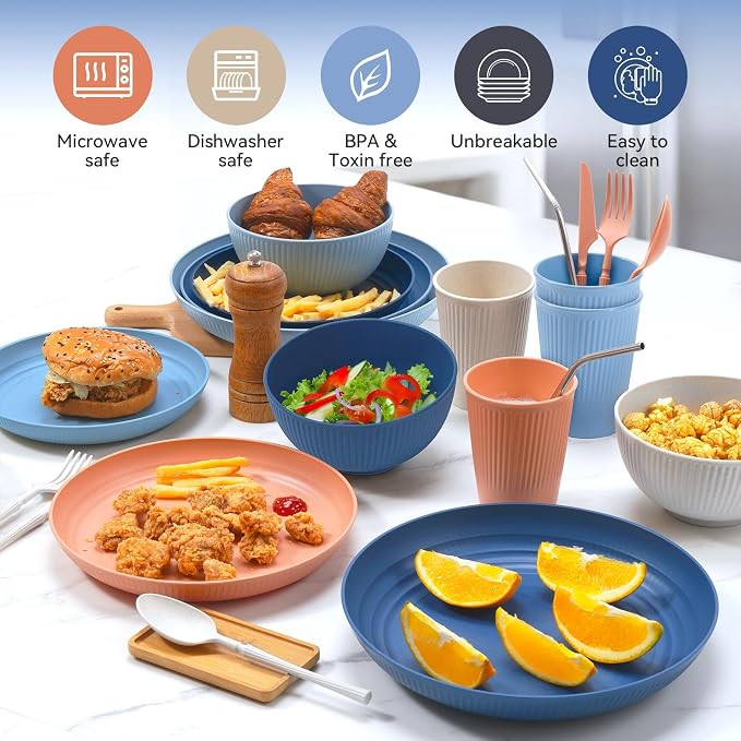 Wheat Straw Dinnerware Sets,64-Piece Plates and Bowls Sets for 8-Unbreakable,Reusable Plastic Dish Set-Dinner Plate/Dessert Plate/Cereal Bowl/Cup/Utensils-Microwave Dishwasher Safe 64P-Oecan Resort - Image 5
