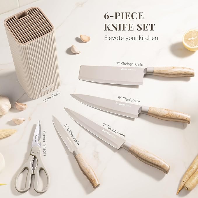 Astercook Knife Set, 6-Piece Kitchen Knife Set with Block, High Carbon Stainless Steel Ultra Sharp Kitchen Knives, Wood Grain Handle, Dishwasher Safe Knife Block Set, Khaki, Kitchen Utility Knives - Image 2