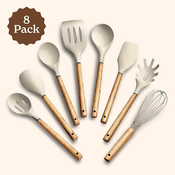 Country Kitchen Non Stick Silicone Utensil Set with Rounded Wood Handles for Cooking and Baking, 8 Piece Set, Khaki - Image 2