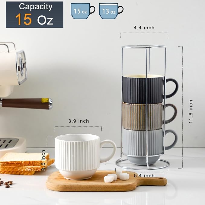 HASENSE Large Coffee Mug Set of 4 with Rack - 15 oz Stacking Ceramic Ribbed Latte Cups Set for Cappuccino, Tea, Hot Cocoa, Drinks - Dishwasher & Microwave Safe Assorted Colors - Image 3