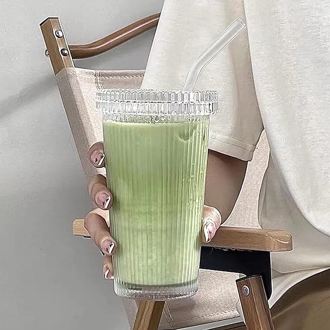 Glass Tumbler Stripe Glass Cup Coffee Cup With Lid and Straw LIDS DON'T SECURE 12.5 oz Drinking Glasses for Water,Iced Coffee,Milk,Tea,Juice (A-Stripe)