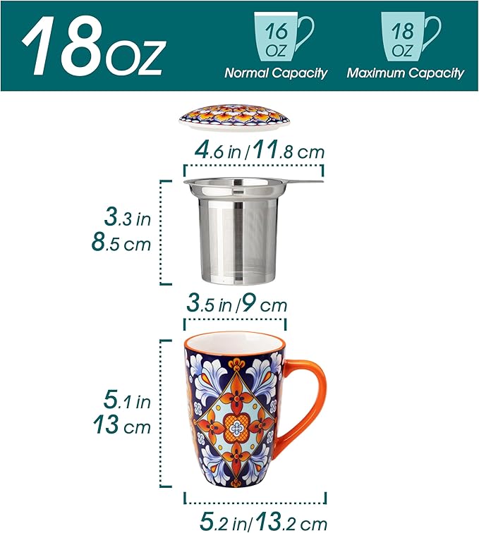 vancasso Ceramic Tea Mug with Infuser and Lid, 18 Ounce Bohemian Loose Leaf Cup, Microwave & Dishwasher Safe, Perfect for Tea, Coffee, Navy-Burnt Baroque - Image 2