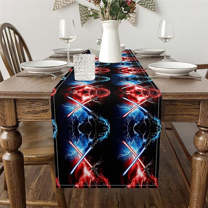 Feelyou Lightsaber Table Runner 90x13 Inch Red Blue Decorations Indoor Outdoor Party Supply Lightsaber Grommet Home Kitchen Dining Decor Dresser Scarfs Future Technology Home Decor for Living Room - Image 3