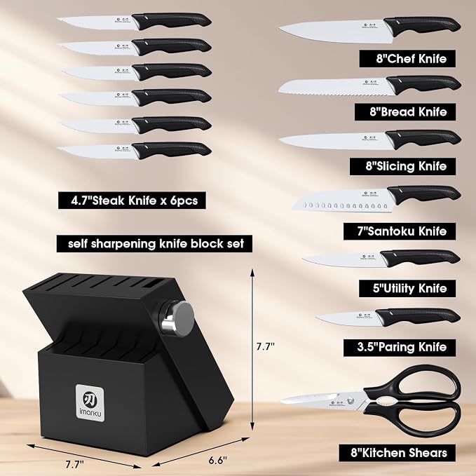 imarku 14-Piece Japanese High-Carbon Stainless Steel Knife Set，Black | Kitchen Knife Set with Block|15°Precision Edge | 56±2 HRC Hardness | Built-in Sharpener|Ergonomic Handles|Gifts Mom & Dad - Image 6