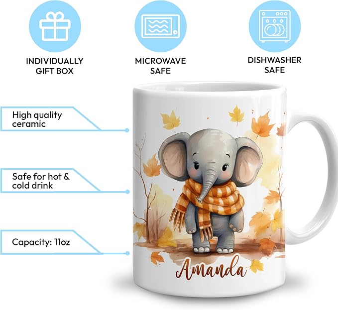 Hyturtle Personalized Fall Elephant Maple Leaves Coffee Mug, Autumn Décor | Birthday Gifts For Elephant Lovers - Fall Gifts For Farmhouse Thanksgiving - Custom Name 11oz White Ceramic Coffee Tea Mug - Image 3