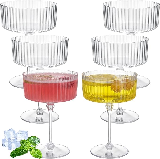 Jingmore 6 Pcs Ribbed Martini Glasses 10 oz Disposable Plastic Vintage Ribbed Coupe Glasses Unbreakable Dessert Parfait Glassware for Wedding Birthday Party Supplies (Clear) by Jingmore