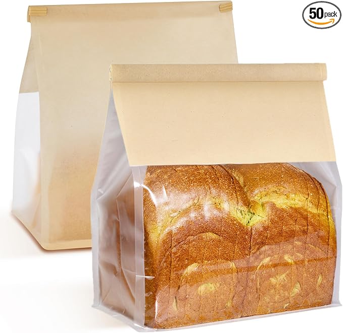 Ocmoiy Large Bread Bags for Homemade Breads, 8.7 x 4.3 x 11 Inches, 50 Pack | Tin Tie Tab Lock, Sourdough Bread Bags with Window, Clear Front Bakery Storage Bags, Paper Treat Bag by Ocmoiy