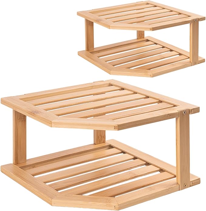 VERTORGAN 2 Tier Bamboo Dish Drying Rack,Corner Shelf 2 Pack | Pantry Storage,Dish Rack,Spice Rack,Corner Organizer,Kitchen Counter Shelves,Kitchen Storage,Holds Plates by VERTORGAN