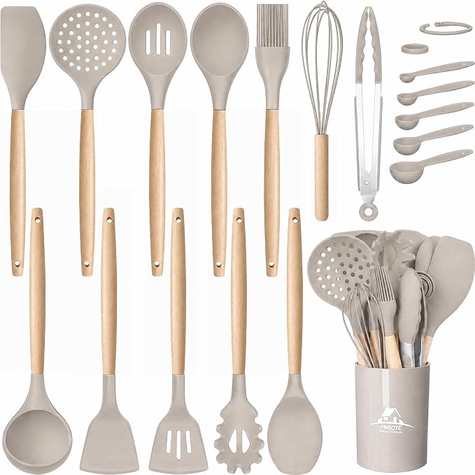 MIBOTE Silicone Cooking Kitchen Utensils Set, Wooden Handle, Khaki | BPA-Free, Non-Toxic Silicone Turner, Tongs, Spatula, Spoon Set – Great for Nonstick Cookware, Heat-Resistant, Easy Clean by MIBOTE