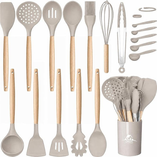 MIBOTE Silicone Cooking Kitchen Utensils Set, Wooden Handle, Khaki | BPA-Free, Non-Toxic Silicone Turner, Tongs, Spatula, Spoon Set – Great for Nonstick Cookware, Heat-Resistant, Easy Clean by MIBOTE