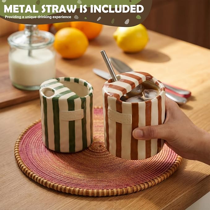 2 Pack Ceramic Coffee Mug with Sip Hole Espresso Cup 10oz with Straws Retro Hand Painted Striped Ceramic Iced Coffee Tea Travel Mug Latte Cup for Kitchen Dining (Simple,Green,Brown) - Image 4