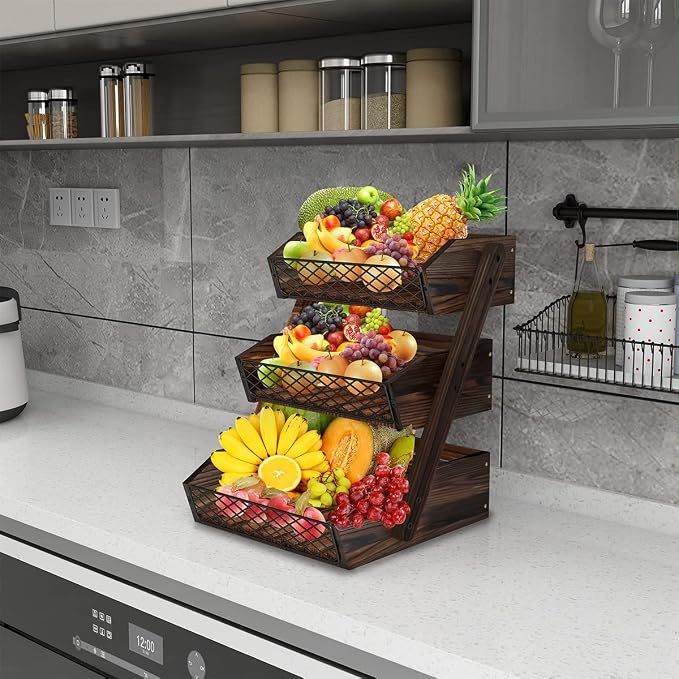Dorhors Fruit Basket for Kitchen Counter Organizer,Fruit Bowl Stand Storage | 3 tier Rustic Brown Vegetable Holder,Wood Bread Display Rack,Kitchen Countertop Organizer Shelf for Snack,Onion,Banana,Potato - Image 3