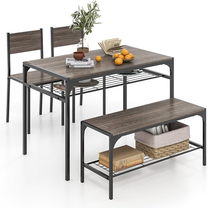 Giantex Dining Table Set for 4, Kitchen Table with Chairs & Bench, Storage Racks, Metal Frame, 4-Piece Space-Saving Dinette Set for Dining Room, Breakfast Nook, Small Space, Apartment, Grey by Giantex