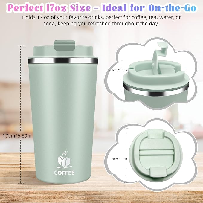 17oz Insulated Travel Coffee Mug with Flip Lid – Leakproof Stainless Steel Insulated Coffee Tumblers, Reusable Coffee Cup for Hot & Cold Drinks, Perfect for Camping & On-the-Go - Image 5