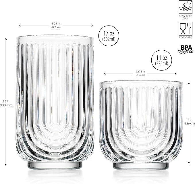 Glaver's 16-Piece Drinking Glass Set, Art Deco Ribbed Arch Design, Clear U-Shape Glassware, 17oz Highball and 11oz DOF Glasses - Image 4