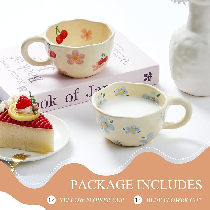 Vesici 2 Pcs Ceramic Coffee Mugs with Spoon, Vintage Floral Spring Mugs with Handle, 8.5 oz Aesthetic Flower Porcelain Tea Cup Set, Dishwasher & Microwave Safe Mothers Day Gifts for Mom(Lovely) - Image 3