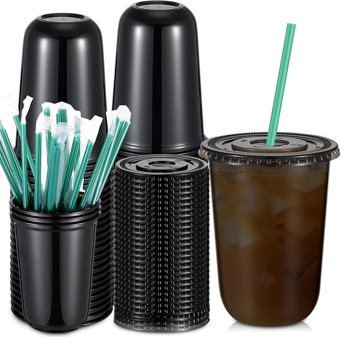 Baderke 25 Set Plastic Cups with Lids and Straws, Disposable Plastic Iced Coffee Cup for Cold Beverage Juice Smoothie Crystal for Coffee Shops Party Catering(Black,16 oz) by Baderke