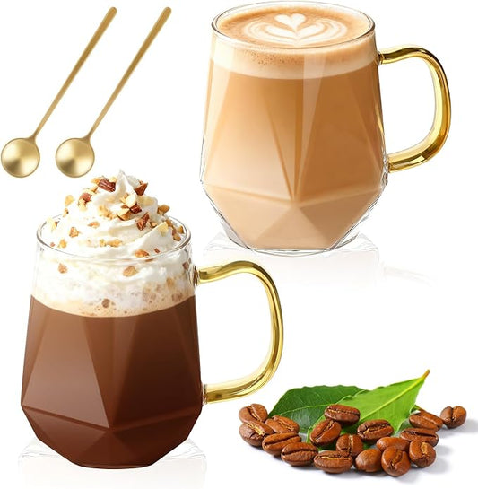 Glass Coffee Mugs 12oz with Handle and Spoon, Set of 2 | 350ml Glass Coffee Cups for Hot and Cold Drinks, Withstand -20℃ to 150℃, for Cappuccino Latte Macchiato Espresso Juice by LOOFORE