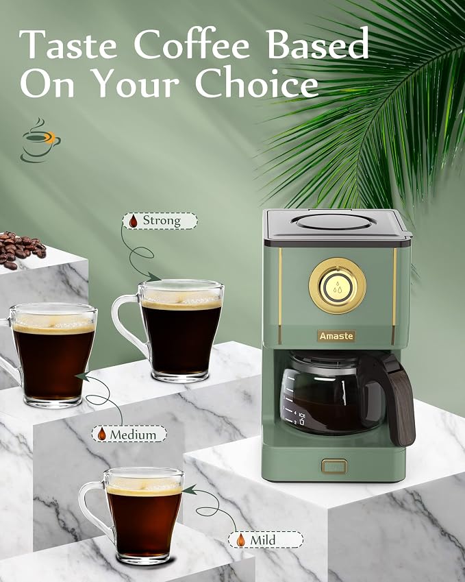 Amaste Drip Coffee Maker, Coffee Machine with 25 Oz Glass Coffee Pot, Retro Style Coffee Maker with Reusable Filter & Three Brewing Modes, Warming Plate, Matcha Green - Image 4