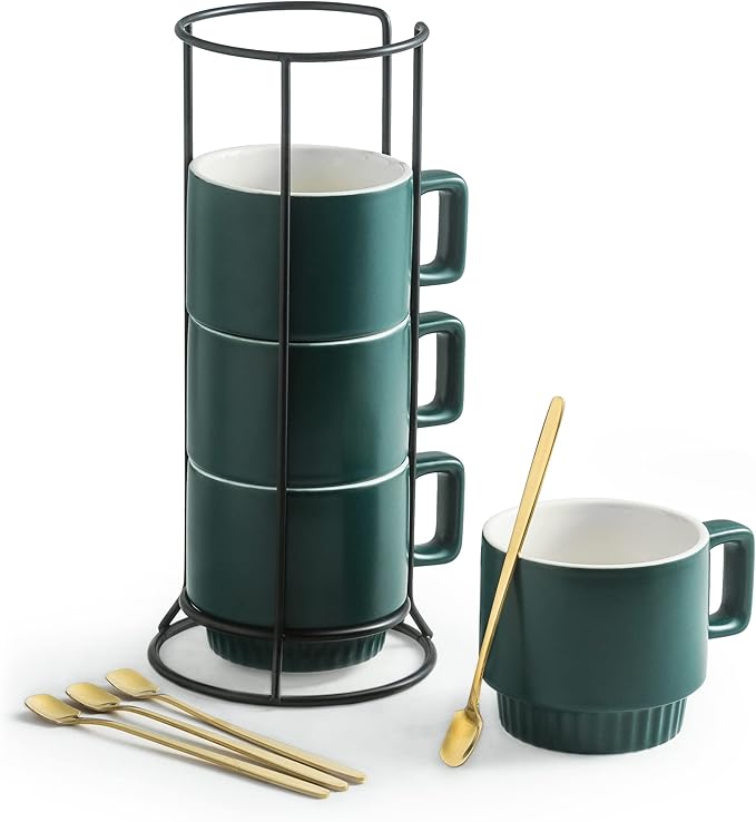 Miamolo Stackable Coffee Mugs Set of 4 with Holder Spoons 11oz Ceramic Cappuccino Cups for Espresso Latte Tea Drinks, Father's Day,Dishwasher & Microwave Safe, Green by Miamolo