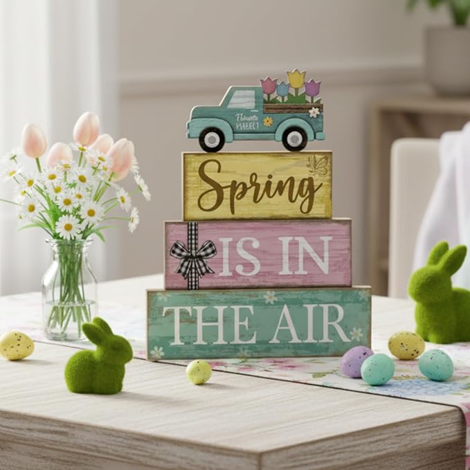 Moucuny 4 Pcs Spring Table Decor Wooden Blue Truck Decoration Flower Centerpiece Spring Tiered Tray Decor Decorative Colorful Flower Block Signs Gift Farmhouse Decoration for Home Kitchen - Image 5