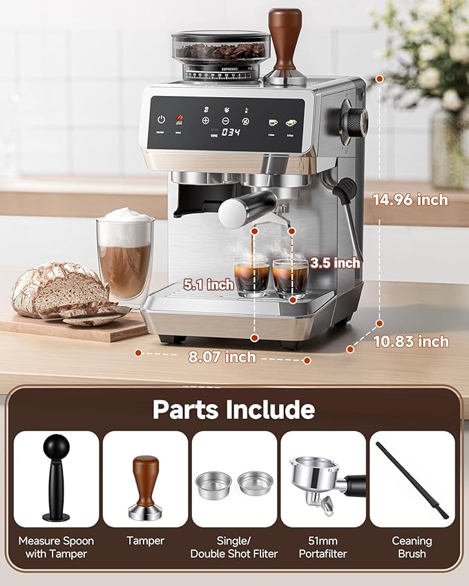 AMZCHEF Espresso Machine With Grinder, Temp Control, 44 Grind Settings | Hot & Cold Brew, Cappuccinos & Lattes, Built-in Grinder, Milk Frother, Touch Screen, Easy to Clean, Compact Design, Silver - Image 6