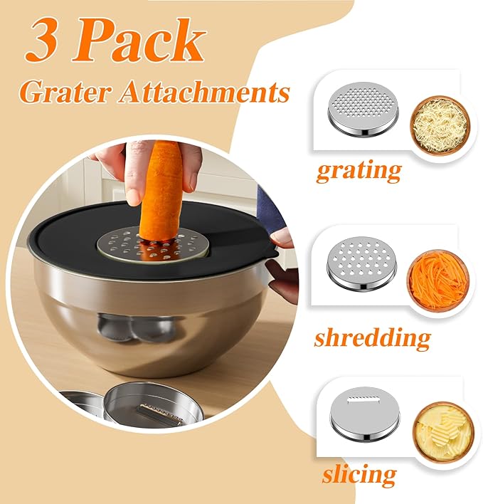 Mixing Bowls with Lids Set, 6 PCS Stainless Steel Mixing Bowls with 3 Grater Attachments, Kitchen Food Storage Organizers Nesting Mixing Bowl, Large Size 4.5, 3.5, 2.1, 1.5, 1.1, 0.7QT-Black - Image 3