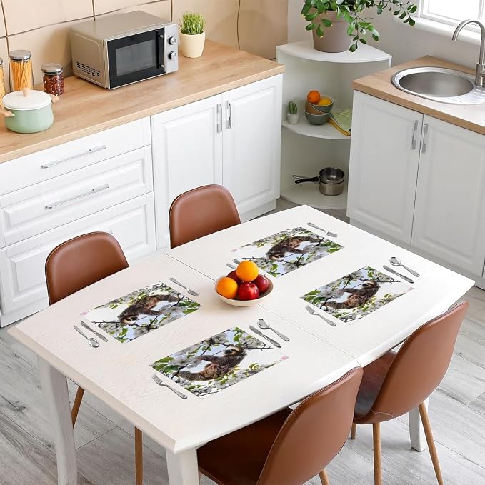 Feelyou Kids Cute Sloth Placemats Set of 4 18"x12" Kawaii Animal Table Place Mats Decor Cartoon Cherry Blossoms Placemat for Kitchen Dining Table Wild Animal Indoor Outdoor Decor Table Mats - Image 3