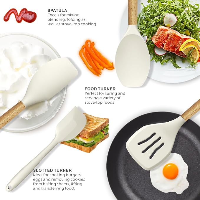oannao Silicone Cooking Utensils Set - 446°F Heat Resistant Silicone Kitchen Utensils for Cooking,Kitchen Utensil Spatula Set w Wooden Handles, BPA FREE Gadgets for Non-Stick Cookware (Khaki) - Image 3