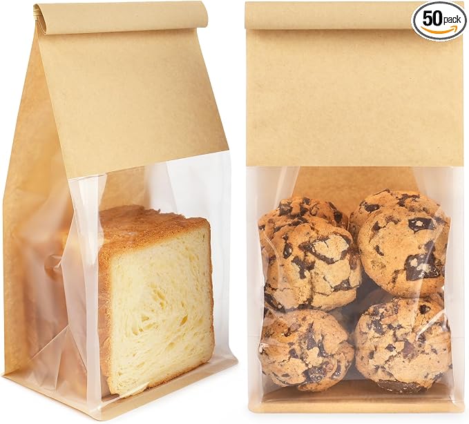 50 Pack Bakery Bags with Window, 5.1x3.9x11 Inches Tin Tie Tab Lock Resealable Cookie Bags for Packaging Bagels, Bread Loaf, Pastry, Baked Goods | Thick Material by Foranda