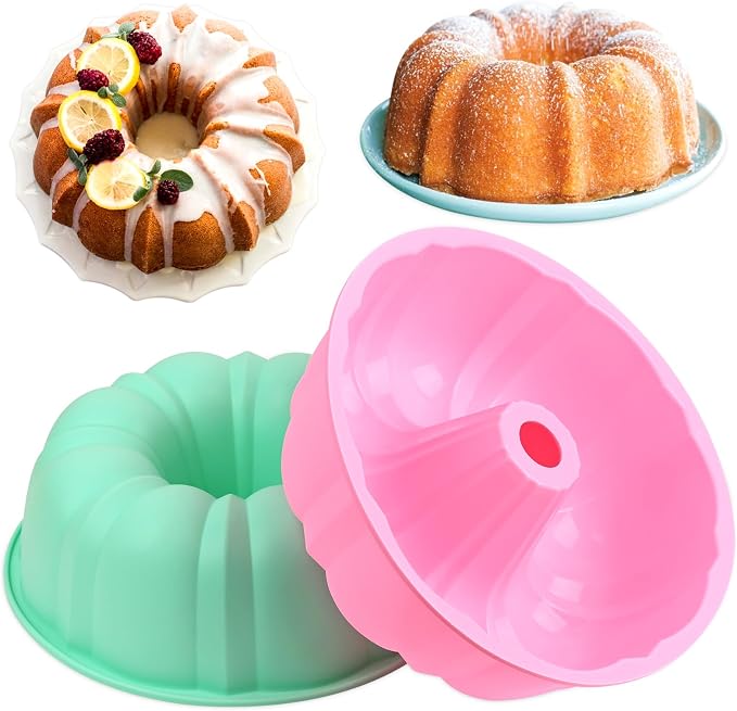HUAKENER 10 Inch Fluted Cake Pan, 2 Pack Large Silicone Cake Molds | 12 Cups Nonstick Fluted Tube Pan, Large Size Silicone Baking Molds for Cake, Brownie, Cornbread by HUAKENER