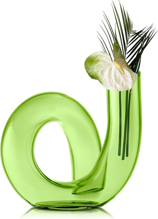 Joeyan Handmade Small Green Glass Flower Vase,Decorative Geometric Glass Bud Vase for Modern Home Centerpieces Living Room Office,4.72" Abstract Vase for Single Flower and Dry Flowers by JoeyanHousehold