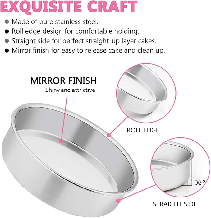 E-far 6 Inch Cake Pan Set of 2, Stainless Steel Round Smash Cake Baking Pans, Non-Toxic & Healthy, Mirror Finish & Dishwasher Safe - Image 3