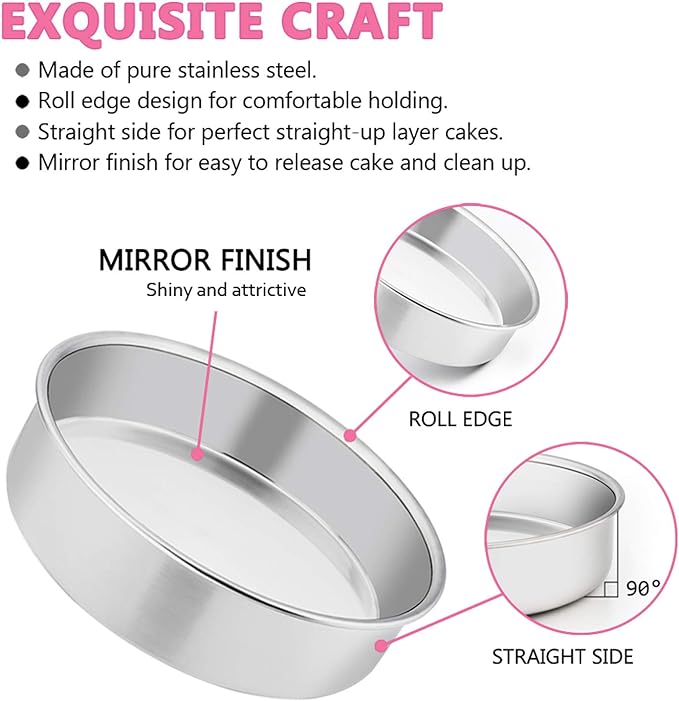 E-far 6 Inch Cake Pan Set of 3, Stainless Steel Round Smash Cake Baking Pans Tins, Non-Toxic & Healthy, Mirror Finish & Dishwasher Safe - Image 3