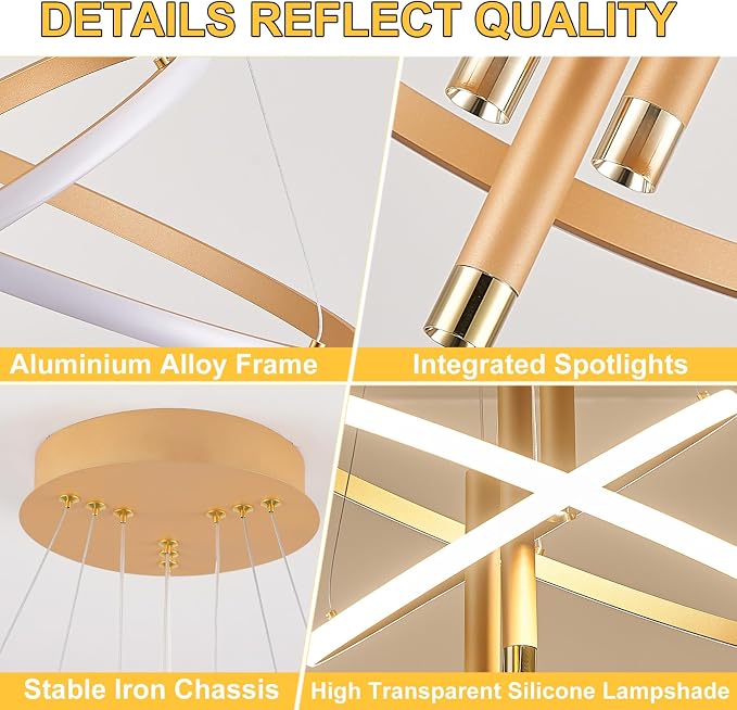 ORANOOR LED Gold Modern Chandeliers, Dimmable 24inch Kitchen Pendant Lights | LED Gold Dining Room Light Fixtures Ceiling Hanging Over Table, 2 Ring Round Chandelier for Dining Room Bedroom Living Room - Image 2