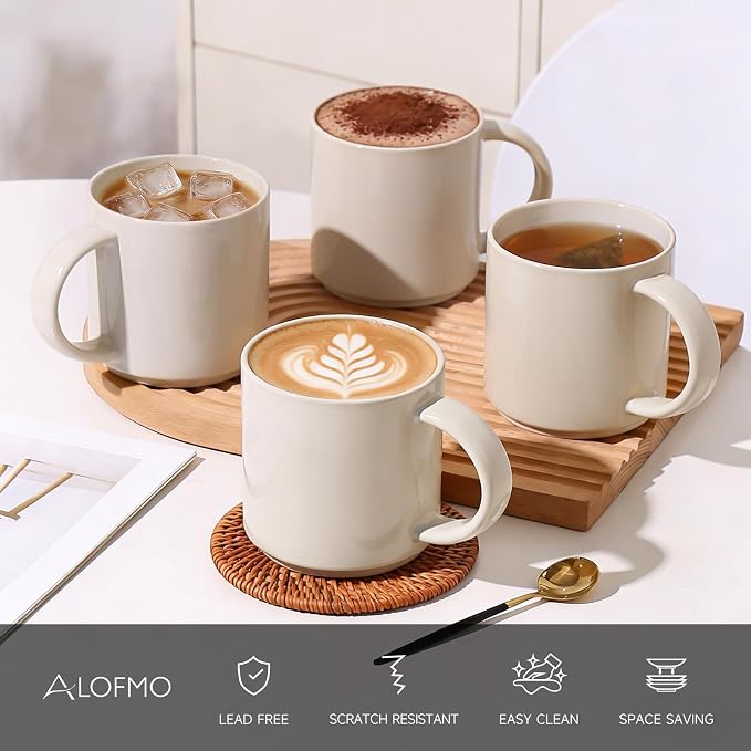 Coffee Mugs Set of 4, Stoneware Coffee Cups with Comfortable Handle, 16oz Ceramic Mugs for Kitchen & Office, Dishwasher & Microwave Safe - Creamy White - Image 3