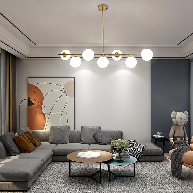 Modern Linear Gold Chandelier for Dining Room, 7-Light Adjustable Dimmable Ceiling Light with Glass Globes, Kitchen Island Pendant Lighting Mid Century Light Fixture for Living Room Bedroom Foyer - Image 8