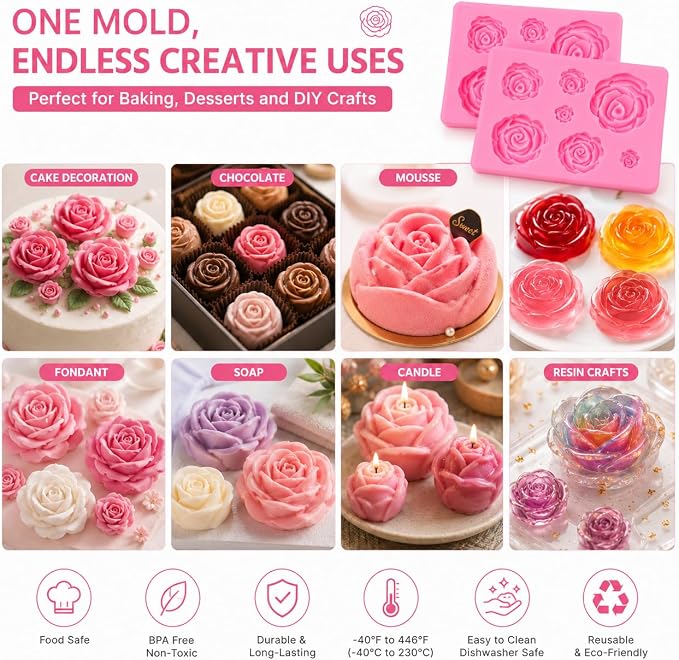 2 Pack Rose Flower Silicone Molds, Food Grade Non-Stick Molds for Cake Chocolate Mousse Jelly Fondant Sugarcraft Wedding Party Baking - Image 4