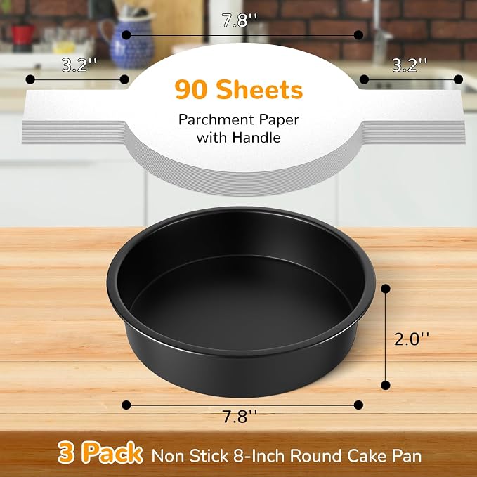 8 Inch Round Cake Pan Set of 3, Nonstick Baking Pans with 100PCS Parchment Paper, Dishwasher Safe - Image 2