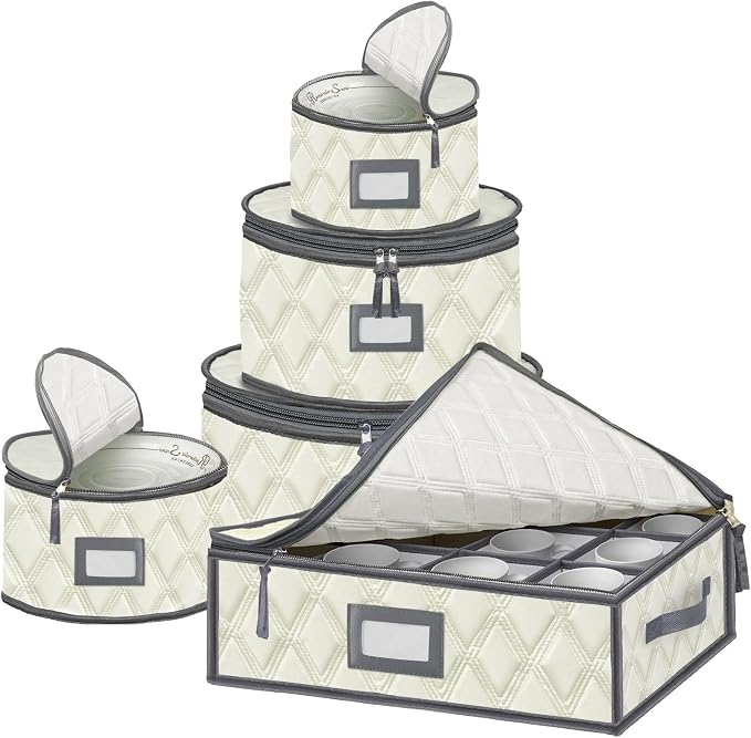5 Pack China Storage Containers Set (Beige) - Sturdy Quilted Wine Glass & Dish Storage with Dividers - Compact Size by VERONLY