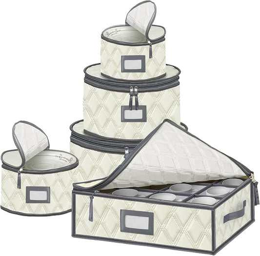5 Pack China Storage Containers Set (Beige) - Sturdy Quilted Wine Glass & Dish Storage with Dividers - Compact Size by VERONLY