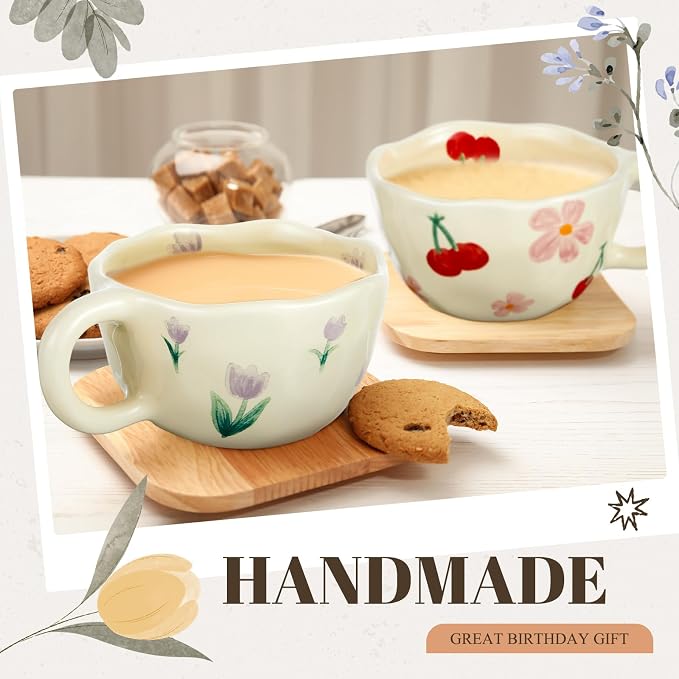 Vesici 2 Pcs Ceramic Coffee Mugs with Spoon, Vintage Floral Spring Mugs with Handle, 8.5 oz Aesthetic Flower Porcelain Tea Cup Set, Dishwasher & Microwave Safe Mothers Day Gifts for Mom(Cute) - Image 7